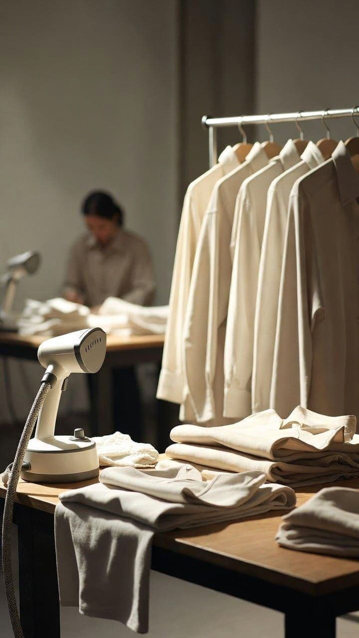 A cleaner's craft workspace — folded shirts on hangers and a steamer on a wooden table in editorial light