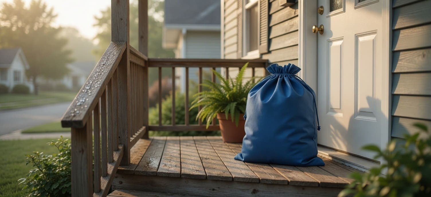 Sealed Lavage laundry bag waiting on a customer's doorstep in soft morning light