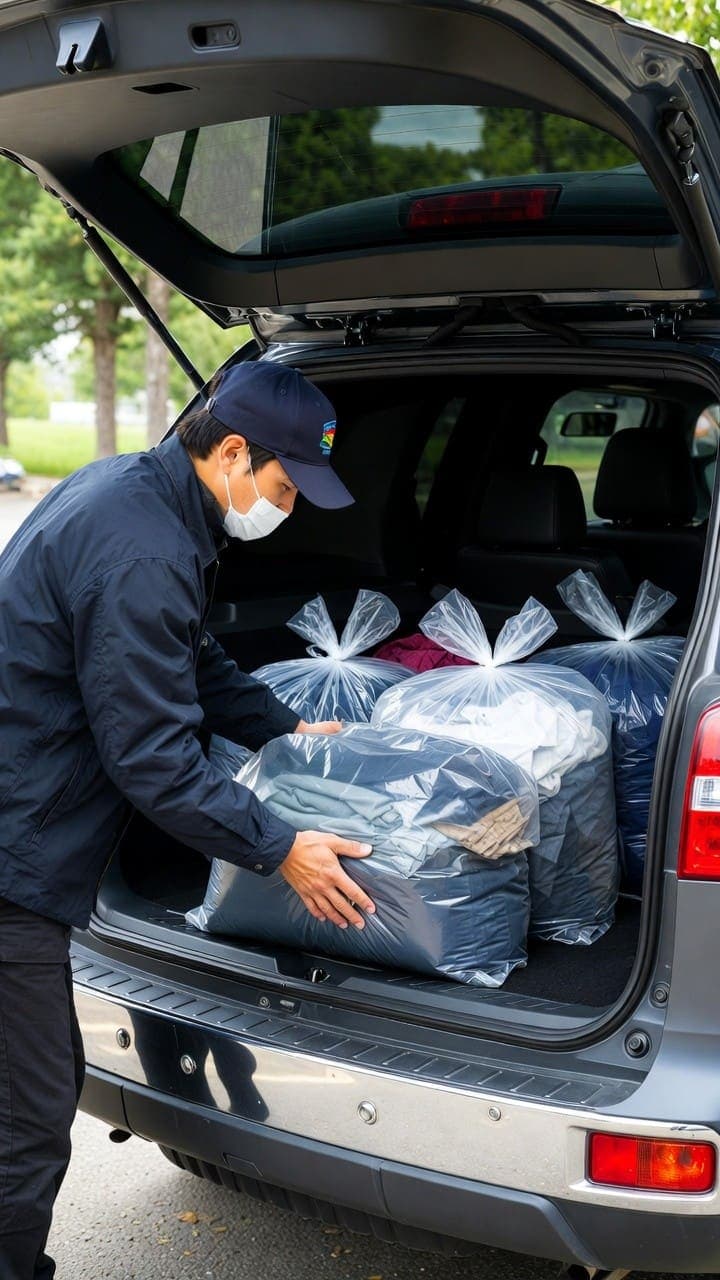 A Lavage driver loading sealed garment bags into a clean vehicle